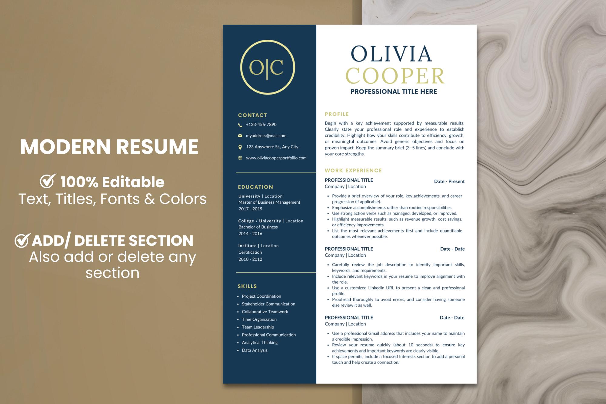 Modern ATS Resume Template, Editable Word Canva CV, Professional Design ...