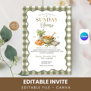 May include: A rectangular invitation card with a sage green and white gingham border. The center features a watercolor illustration of a bowl of soup, bread, and herbs. Text reads: You're invited to a Sunday Swap, Sunday, December 20th, 5:00-6:00 PM.