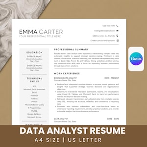CV-mall för dataanalytiker, ATS-vänligt CV, Canva-affärsanalytiker (A4/US Letter)