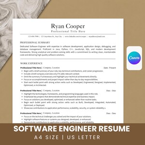 May include: A white resume template for a software engineer featuring the name Ryan Cooper at the top, followed by sections for professional summary and work experience with bulleted placeholders, and a small Canva logo on the right side.