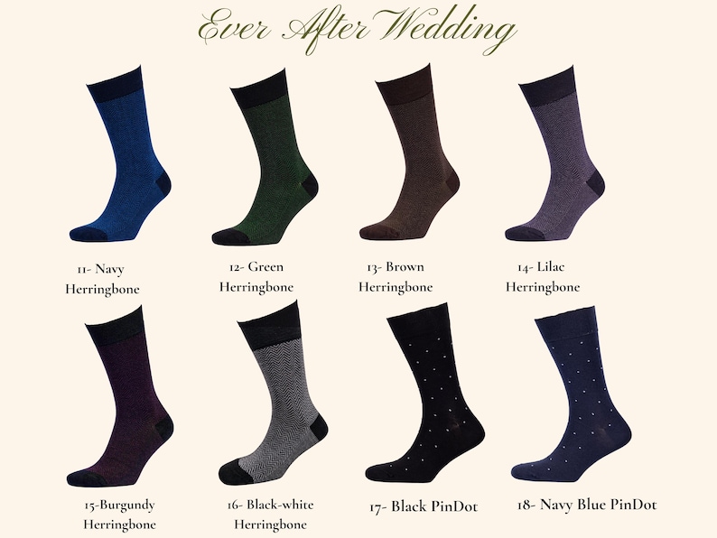 May include: Eight pairs of patterned dress socks in a variety of colours. Designs include navy, green, brown, lilac, burgundy, black-white herringbone, black pin dot, and navy blue pin dot. The text "Ever After Wedding" is at the top of the image.