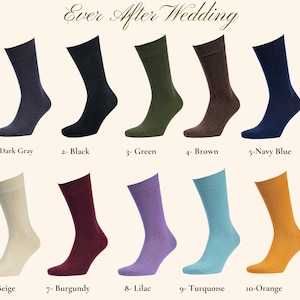 May include: Ten pairs of ribbed dress socks in a range of colours: dark grey, black, green, brown, navy blue, beige, burgundy, lilac, turquoise, and orange. The socks are displayed against a cream background. The text "Ever After Wedding" is at the top.