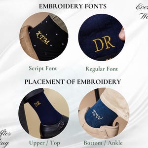 May include: Image demonstrating embroidery font styles and sock placement. Examples include script and regular fonts, with gold embroidered initials on navy and black socks. The text "Ever After Wedding" is also visible.