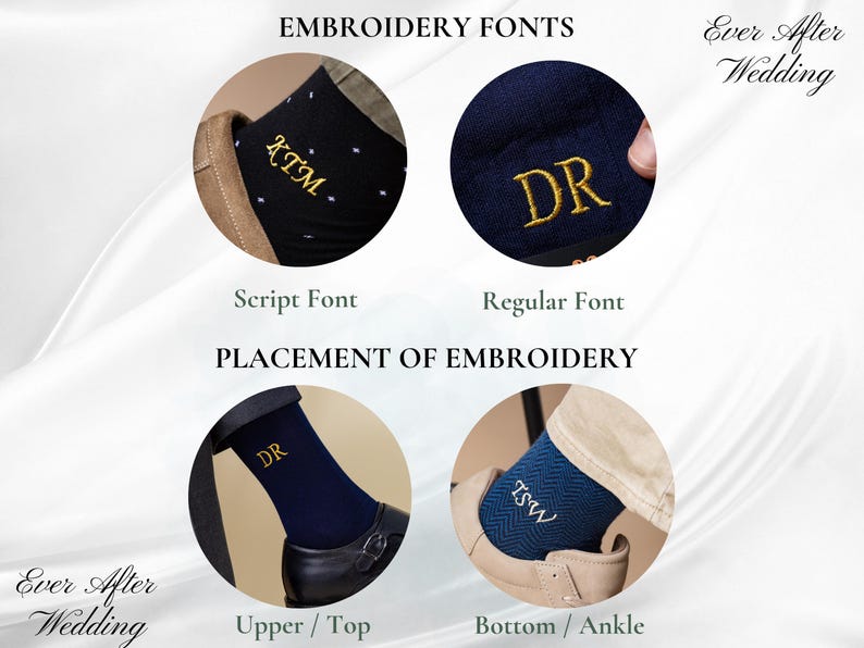 May include: Image demonstrating embroidery font styles and sock placement. Examples include script and regular fonts, with gold embroidered initials on navy and black socks. The text "Ever After Wedding" is also visible.