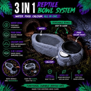 May include: A 3-in-1 reptile bowl system in a natural stone design. The system includes a water bowl, food bowl, and calcium dish. The bowls are removable and easy to clean. The text on the image says "Functional. Durable. Reptile Safe."