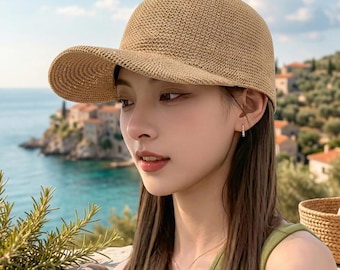 女性用夏用通気性ストローベースボールキャップ｜日焼け防止帽子｜調節可能な軽量ビーチキャップ｜旅行用帽子｜ボヘミアンスタイル