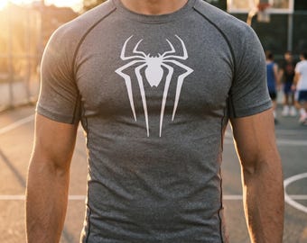 スパイダーグラフィックコンプレッションシャツ、メンズ半袖スポーツTシャツ、速乾ジムトップ、ランニングシャツ、アスレチックストリートウェア、男性へのワークアウトギフト