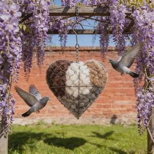 May include: A heart-shaped bird feeder with a wire frame, filled with sections of brown, white, and tan materials. The feeder hangs from a chain, surrounded by purple wisteria and two flying pigeons. A brick wall and green grass are in the background.