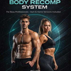 May include: Image promoting a fitness program. The text reads "8-WEEK BODY RECOMP SYSTEM" with additional text: "For Busy Professionals • Gym & Home Versions Included." The image features a muscular man and woman. Includes training program, nutrition system, smart trackers, and habit accountability.