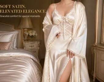 Retro Ivory Satin Sleepwear Set | Lace Trim Nightgown Robe | Bridal Lounge Dress | Elegant Soft Gift For Her