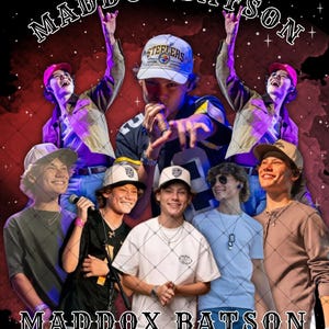 May include: A digitally enhanced image featuring multiple images of a young man wearing various hats and shirts. The text "MADDOX BATSON" is arched across the top and bottom of the image. The background is a dark red with white stars.