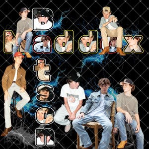 May include: A collage featuring multiple images of young people, set against a black background with lightning bolt graphics and a grid overlay. The word "Badadxteon" is spelled out with individual letters, each containing a portrait.