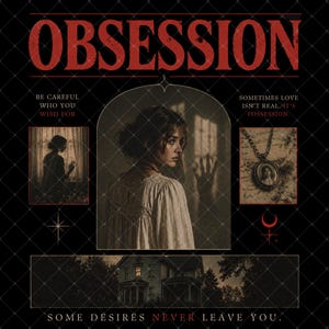 May include: A dark poster titled OBSESSION featuring a central image of a person in a white dress, flanked by a silhouette in a window and a vintage locket. Text reads: BE CAREFUL WHO YOU WISH FOR, SOMETIMES LOVE ISN'T REAL. IT'S POSSESSION, and SOME DESIRES NEVER LEAVE YOU.