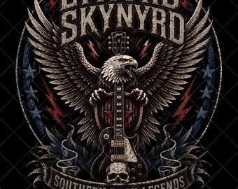 Diseño de camiseta de Lynyrd Skynyrd, leyendas del rock sureño, águila, guitarra, música rock vintage (descarga digital)