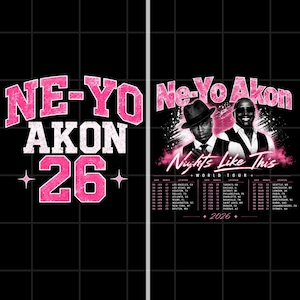 May include: A black graphic design featuring the text NE-YO AKON 26 in pink. The right side displays portraits of Ne-Yo and Akon, the text Nights Like This World Tour 2026, and a list of tour dates and locations in white against a pink smoke effect.