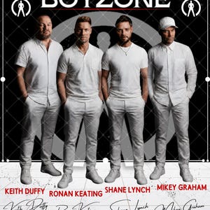 May include: A promotional image featuring the band Boyzone. The image shows four men in white outfits, with the band's name at the top. The names of the band members are listed below. The background is black and white.