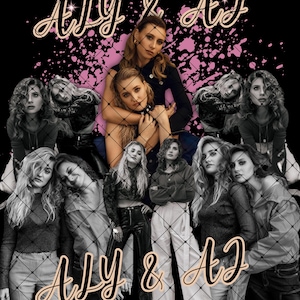 May include: A promotional image featuring the text "Ally & AJ" in a cursive font, with a pink splatter effect. The image showcases multiple portraits of two women, with some in color and others in grayscale, overlaid with a net pattern.