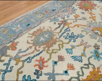 Blauer, handgeknüpfter türkischer Oushak-Teppich, Vintage-Wollteppich, handgefertigt, Teppich nach Maß,