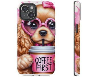 Custodia per telefono con cane e occhiali da sole a forma di cuore e tazza da caffè / Custodia per telefono con cucciolo rosa