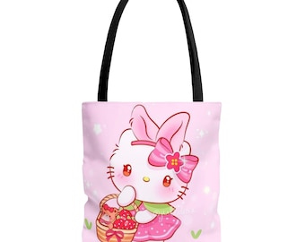 Borsa tote con coniglietto fragola / Stampa completa con personaggio gatto kawaii