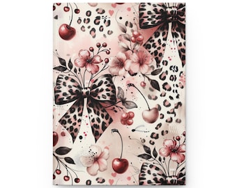 Quaderno opaco con copertina rigida e motivo floreale e ciliegia con fiocco leopardato