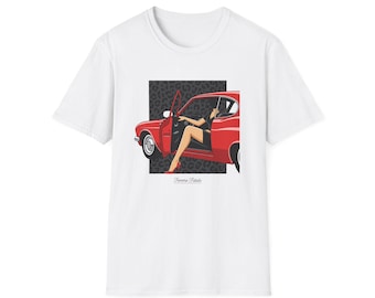 Maglietta con auto d'epoca rossa con gamba fuori / Illustrazione pin-up retrò, arte automobilistica