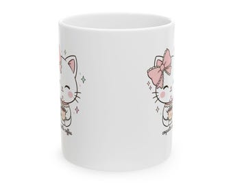 Kawaii Cat Pink Bow Mug | Hand-Drawn Kitten Ceramic Coffee Cup
