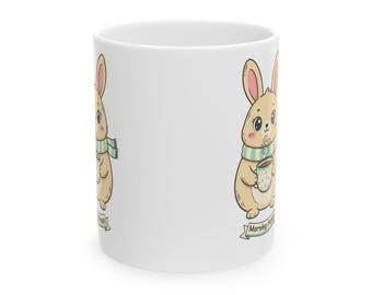 Bunny Holding Mug Illustration Ceramic Coffee Cup | Whimsical Pastel Art Mug