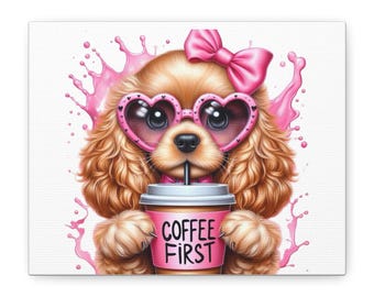 Stampa su tela con cucciolo dorato / Cane con occhiali da sole a forma di cuore, decorazione murale con tazza da caffè