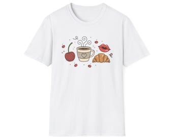 Maglietta con illustrazione di croissant al caffè per la colazione / Maglietta grafica Whimsical Cafe Morning