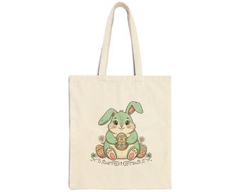 Green Bunny Easter Egg Tote Bag | Whimsical Spring Canvas Carryall