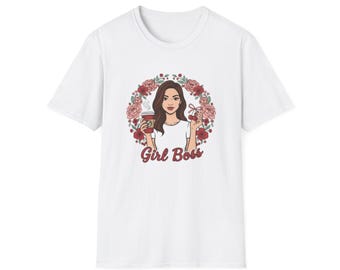 Maglietta grafica Girl Boss / Illustrazione di donna con caffè e ghirlanda floreale