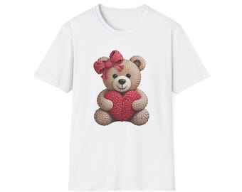 Genähtes Teddybär-Holding-Herz-T-Shirt | Nostalgisches Strick T-Shirt