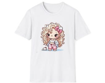 Maglietta kawaii con ragazza dai capelli ricci / Maglietta con personaggio chibi, illustrazione disegnata a mano