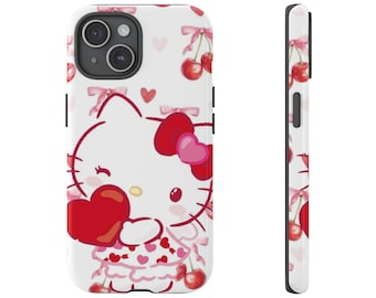 Herz Katze Kirsche iPhone Hülle | Schützende zweilagige Telefonabdeckung