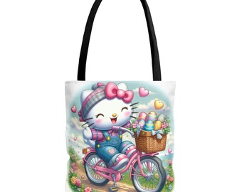 Borsa a tracolla con gatto che va in bicicletta / Design primaverile con uova di Pasqua pastello