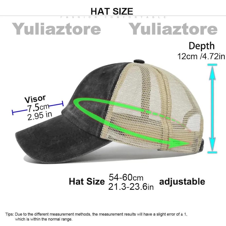 Pu&ograve; includere: Cappellino da baseball nero e beige con retro in rete, taglia regolabile 54-60cm e visiera di 7,5cm. La profondit&agrave; del cappello &egrave; di 12cm. Il testo "Yuliaztore" &egrave; visibile.