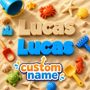 Peut inclure: Une composition sur le thème de la plage avec le nom "Lucas" écrit en lettres ressemblant à du sable et en lettres bleues en plastique. Des jouets de plage, dont un seau, une pelle et des étoiles de mer, entourent le nom. Un graphique "nom personnalisé" est également présent.