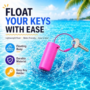 Pode incluir: Uma boia flutuante cilíndrica rosa brilhante presa a uma chave de metal prateado por um laço de fio rosa. O texto diz: FLOAT YOUR KEYS WITH EASE, Lightweight Float, Water-Friendly, Easy to Spot, Floating Buoy, Durable Material, Easy Key Holder.