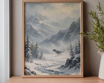 Arte de parede imprimível com T-Rex em tempestade de neve – Paisagem de inverno com dinossauros – Impressão artística paleo realista – Pôster pré-histórico – Download digital