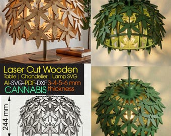 Lampa z wycinanym laserowo liściem konopi w formacie SVG | Drewniany szablon lampy z marihuaną | Plik wycinany laserowo CNC | Projekt oświetlenia Glowforge | Drewniana lampa 3D