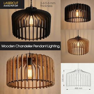 May include: Wooden chandelier pendant lighting. The image displays various wooden pendant lights in different colours and styles. The lights have a slatted design and are suspended from the ceiling. The dimensions are 33.5 cm high and 49.6 cm wide, with a thickness of 3-4-5-6 mm.