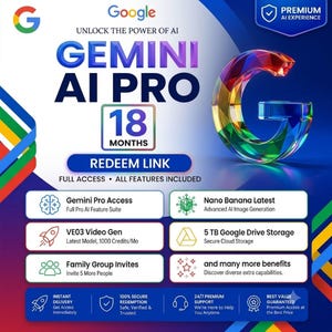 May include: A promotional graphic for Google Gemini AI Pro featuring a large, multi-coloured glass letter G. Text includes UNLOCK THE POWER OF AI, GEMINI AI PRO, 18 MONTHS, REDEEM LINK, and lists features like Gemini Pro Access, Nano Banana, and 5 TB storage.