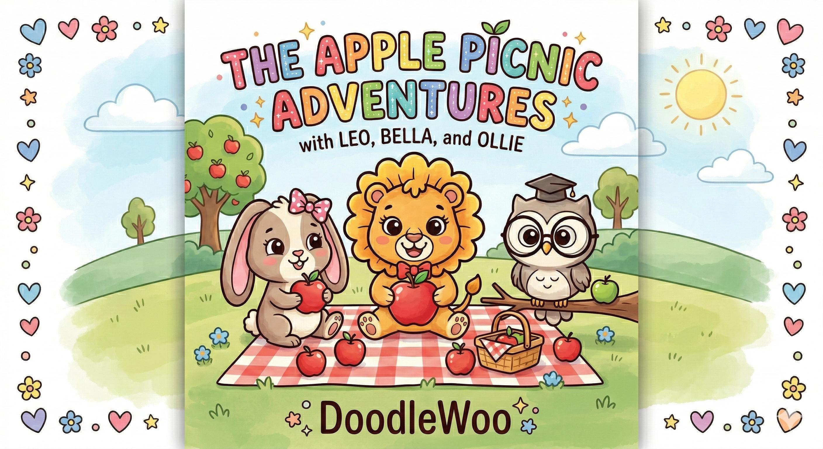 Apple Picnic Adventures Coloring Page: Adorable Lion, Bunny & Owl, Kids Printable Coloring Book