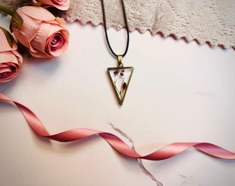 Real Flower Triangle Necklace, Antique Bronze Resin Pendant, Boho Botanical Jewelry