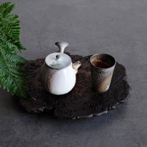 May include: A ceramic teapot with a white and brown glazed finish and a side handle, paired with a matching speckled brown ceramic cup. Both items rest on a dark, textured, organic-shaped wooden slab, accompanied by a green fern leaf.