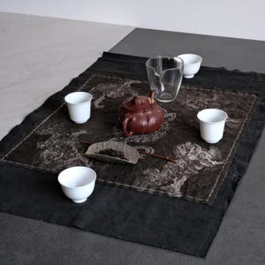 Dark Gray Persimmon-Dyed Tea Mat – Double Qilin Playing with Ball | Botanical & Katazome Dye | 70 × 48 cm | Auspicious Chinese Motif