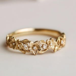 0.20 CT Natural Diamond Floral Wedding Band, Carved Flower Leaf Stacking Ring, 14k Gold Nature Inspired Fairycore Anniversary Gift for Her