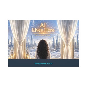 Quadro su tela con stampa "AI Lives Here" / Paesaggio urbano futuristico