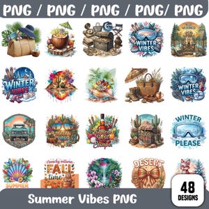 Summer Vibes PNG Bundle, Tropical Beach Clipart, Retro Beach Sublimation, Summer Vacation Graphics image 1